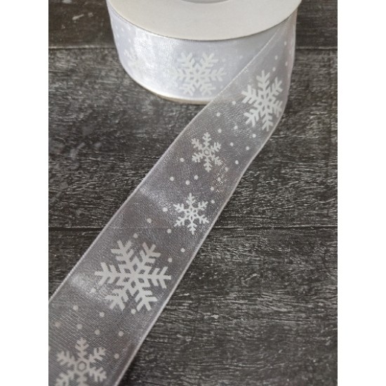 Лента органза 2,5 см  "Снежинки" белый, цена за 1 м